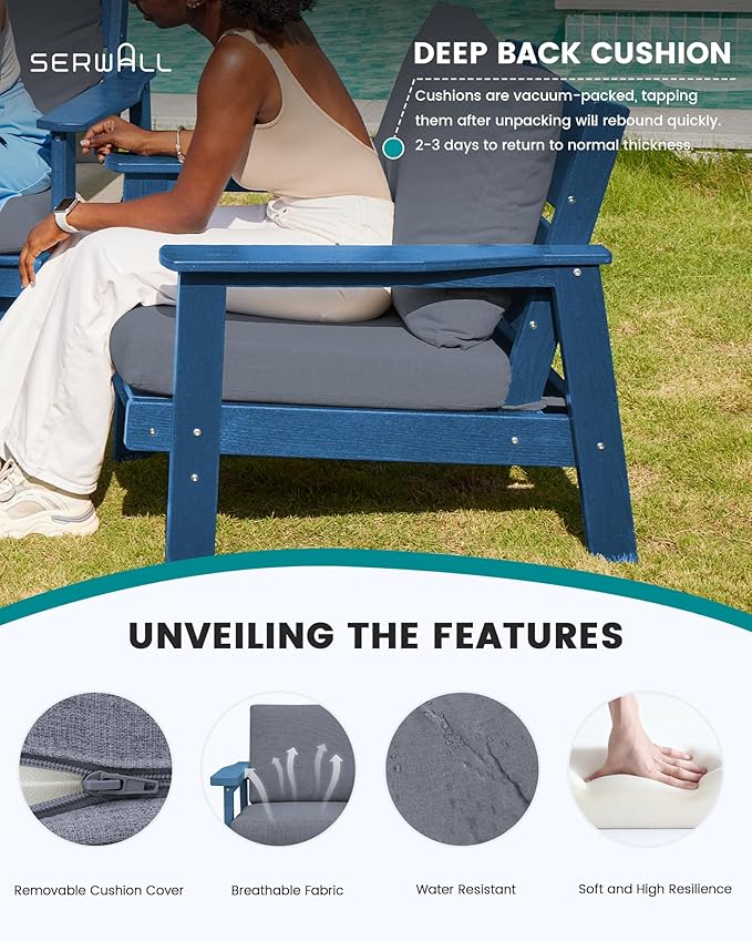 SERWALL Patio Furniture Set with 33” Fire Pit Table, HDPE Outdoor Sectional Sofa Set with Thickened Cushions, Blue Frame with Grey Cushions