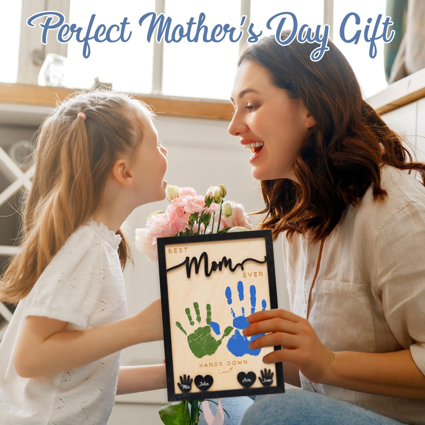 10" Hands Down Best Mom Ever DIY Handprint Kit - Wood Frame with Paints & Keychain - Kids Names Family Keepsake - Heartfelt Mother's Day or Birthday Gift To Mum (Mom)