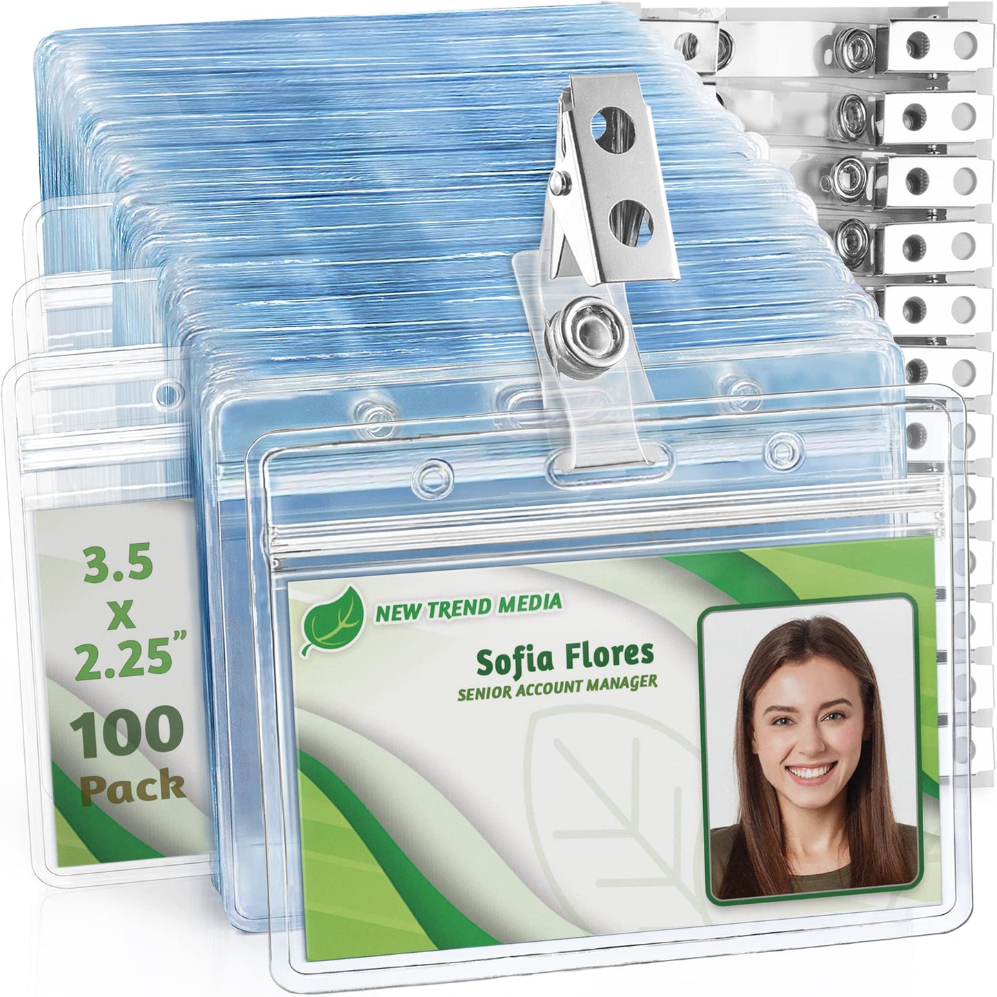 EcoEarth - Horizontal PVC ID Badge Holder with Metal Clips & Vinyl Straps with Soft Edge - Sealable Fits 3.5x2.25 inch Inserts - Clear, 100 Pack - Waterproof ID Card Holder Bulk - Name Tag