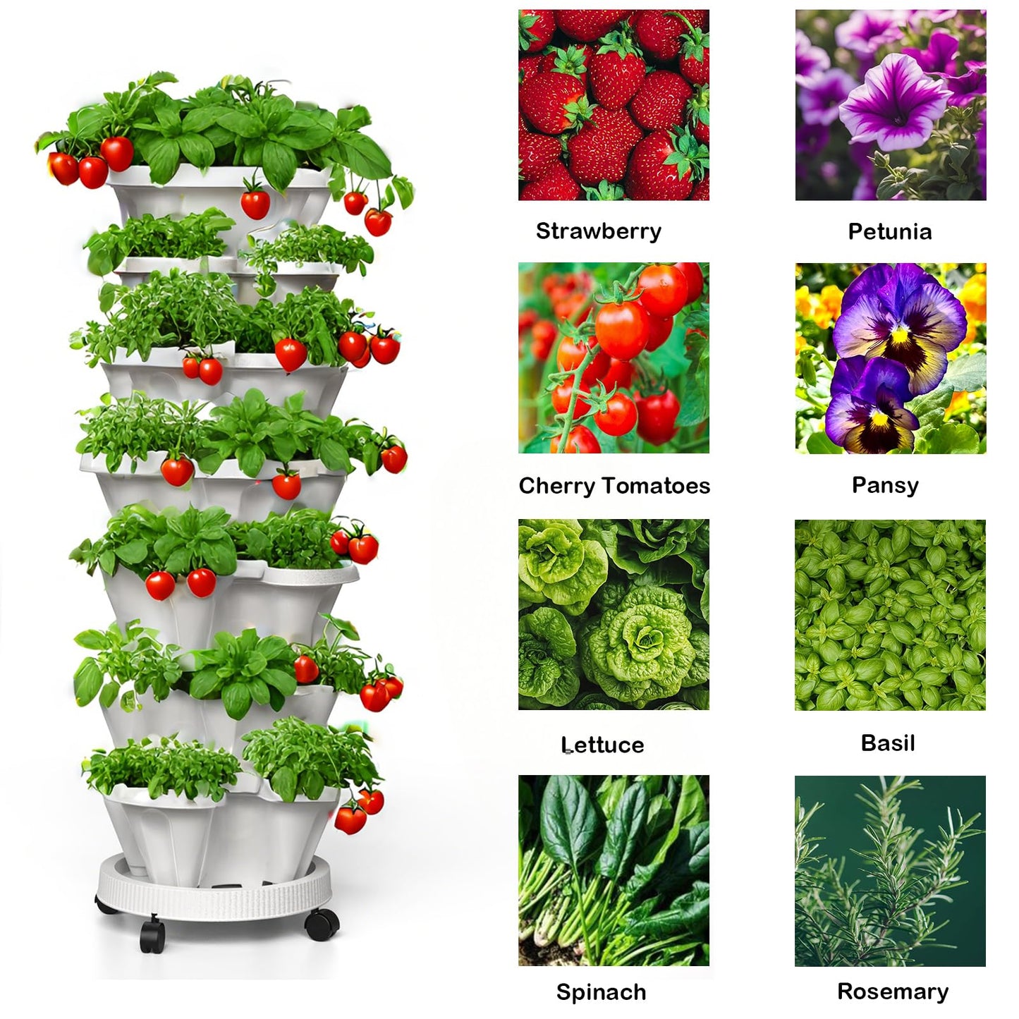 Lykvrii Strawberry Planters, 3 Tiered Vertical Stackable Planter, Herb Stacking Tower Garden, Flower Vegetable Planters with Support Pole, Indoor & Outdoor with Removable Wheels - Dark Grey
