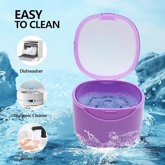 Purple Denture Cup Denture Bath Box Case with Lid Leakproof, Denture Holder Case Retainer Cleaning Container Mouth Guard Cleaner Case for Household, Travel, Office