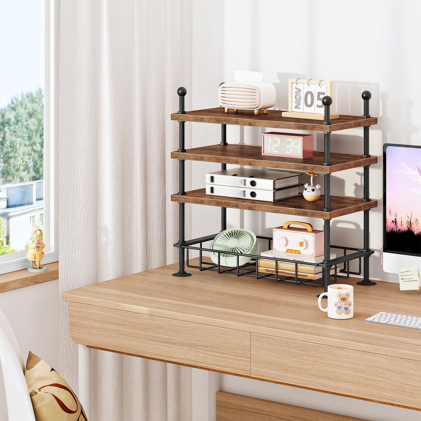 HOOBRO Kitchen countertop Organizer, 4-Tier Adjustable Kitchen Storage Shelf with Rods & Leveling Feet, 3 Configurations, for Cabinet, Countertop, Bathroom, Office, Rustic Brown and Black BF21TL01