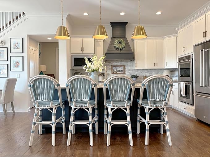 PURPLE LEAF French Counter Height Bar Stool Set of 4 25" White Print Finish Patio Bar Chairs with Back Rattan Bar Chairs French Bistro Set for Kitchen Outdoor Counter Stool Light Blue