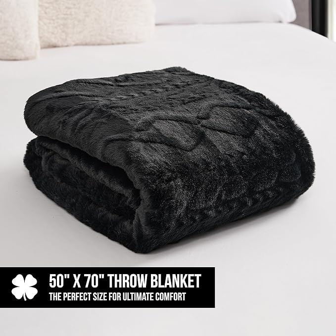 Lucky Brand Embossed Cable Rabbit Faux Fur Throw Blanket - Black - 50"X70" - Plush & Soft