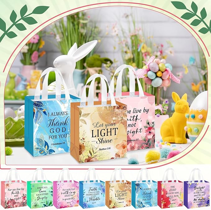 HunnmingRe 64 Pcs Christian Gift Bags Bulk, Easter Reusable Flower Religious Bible Verse Tote with Handles Non Woven Scripture Pastor Blessing Gift for Baptism Church Wedding Favors