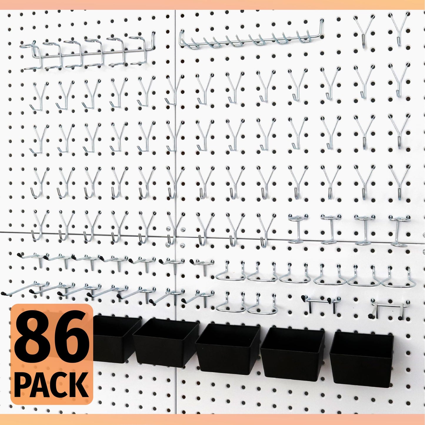 HUHOLE 86 Piece Pegboard Hooks Assortment Kit with Pegboard Bins Garage Tool Organizer Set Fits 1/8 and 1/4 Inch Peg Board Accessories for Workbench Craft Room and Kitchen Storage