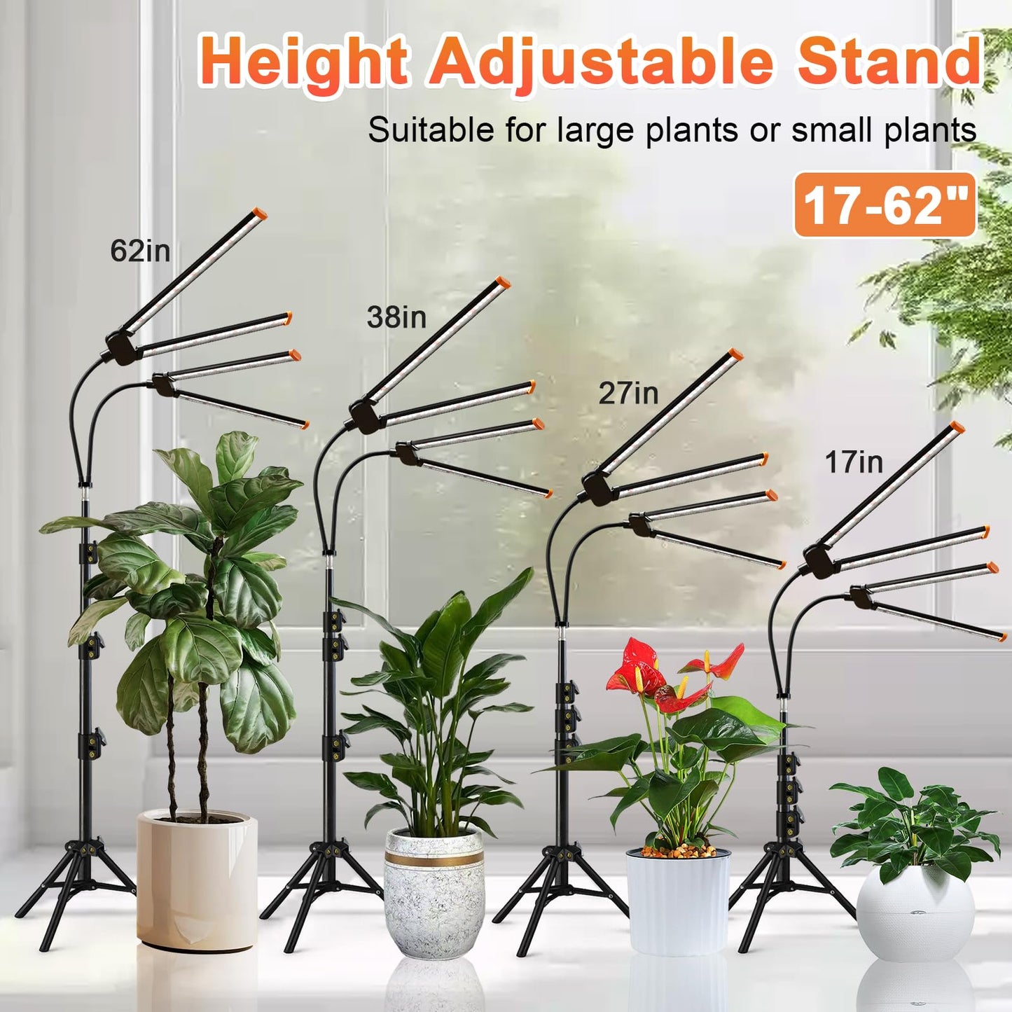 Plant Grow Light with Stand,Super Bright 6000K White Full Spectrum Floor Growing Lamp with Rotatable Dual Light Head & Height Adjustable 17-62" for Indoor Tall Plants, Dimmable & Auto Timer 4/8/12H