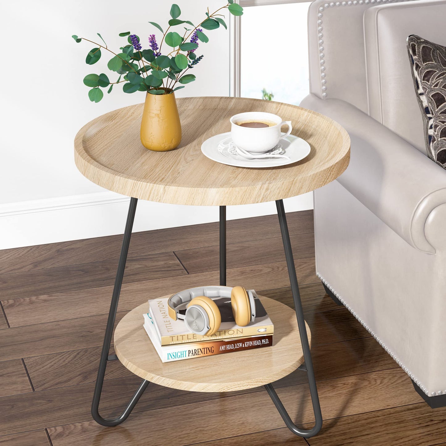 Tribesigns Round Side Table, 2-Tier End Table with Metal Legs, Modern Industrial Beside Table, Small Accent Table Snack Table for Living Room, Bedroom, Small Space, Easy Assembly, Wood Color