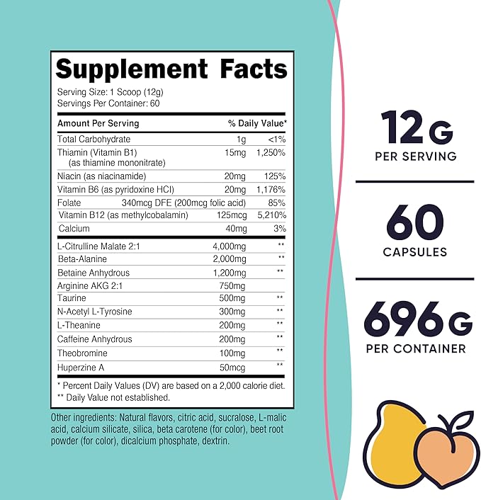 Nutricost Pre-Workout Powder for Women, Peach Mango, 60 Servings