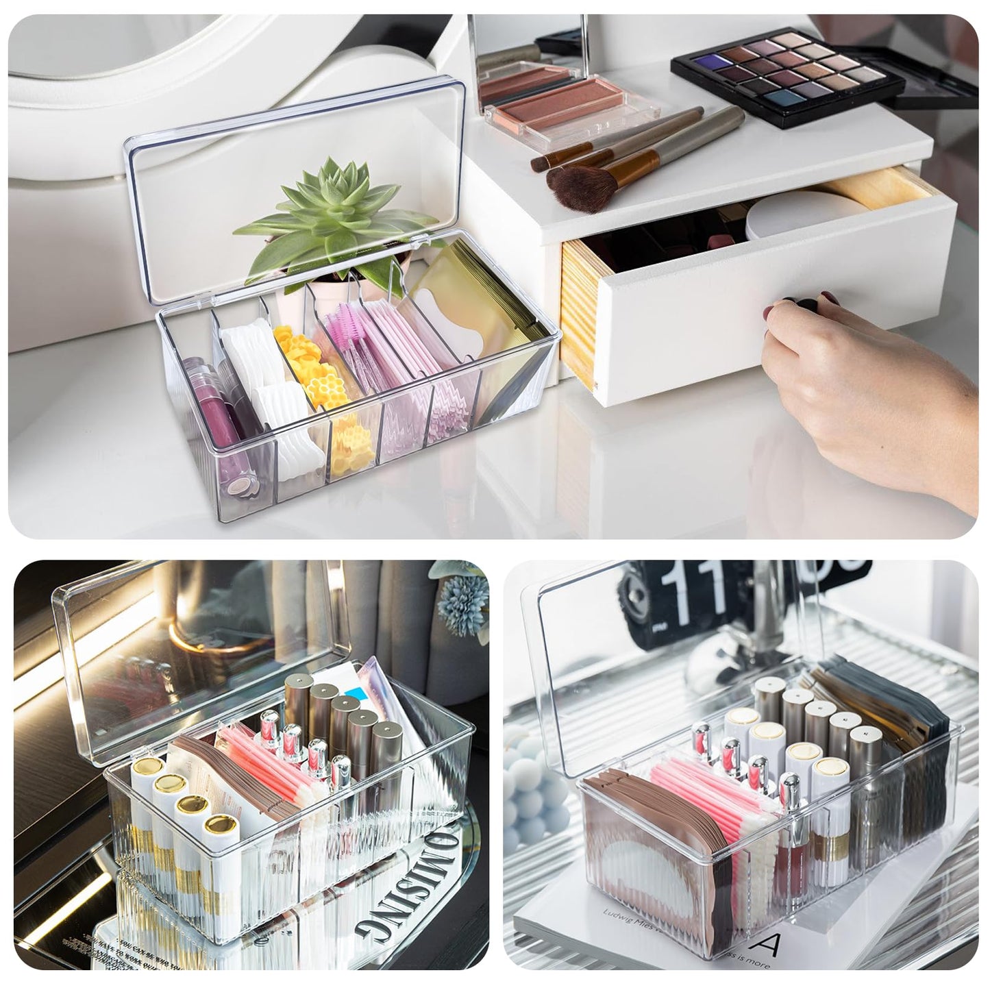 EOREA Acrylic Lash Extension Organizer with Lid, 6 Compartment Lash Cart Storage for Lash Techs, Clear Secure Lid Eyelash Supplies Organizer for Salon & Home Use