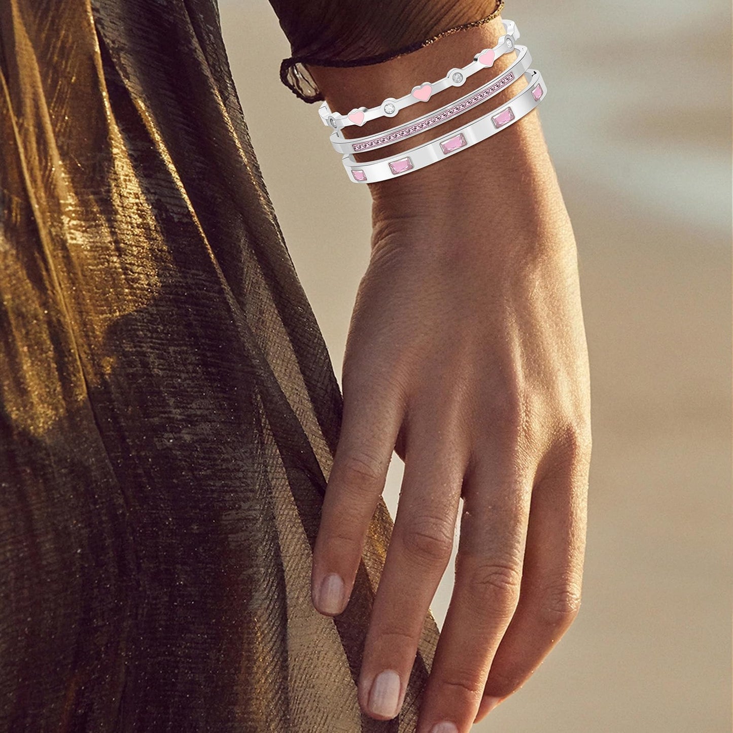 Camhanno 5-Piece Stackable Silver Bangle Bracelet Set for Women - Stainless Steel with Pink Crystal Friendship & Love Heart Bracelet Jewelry Gift for Her (Silver+Pink)