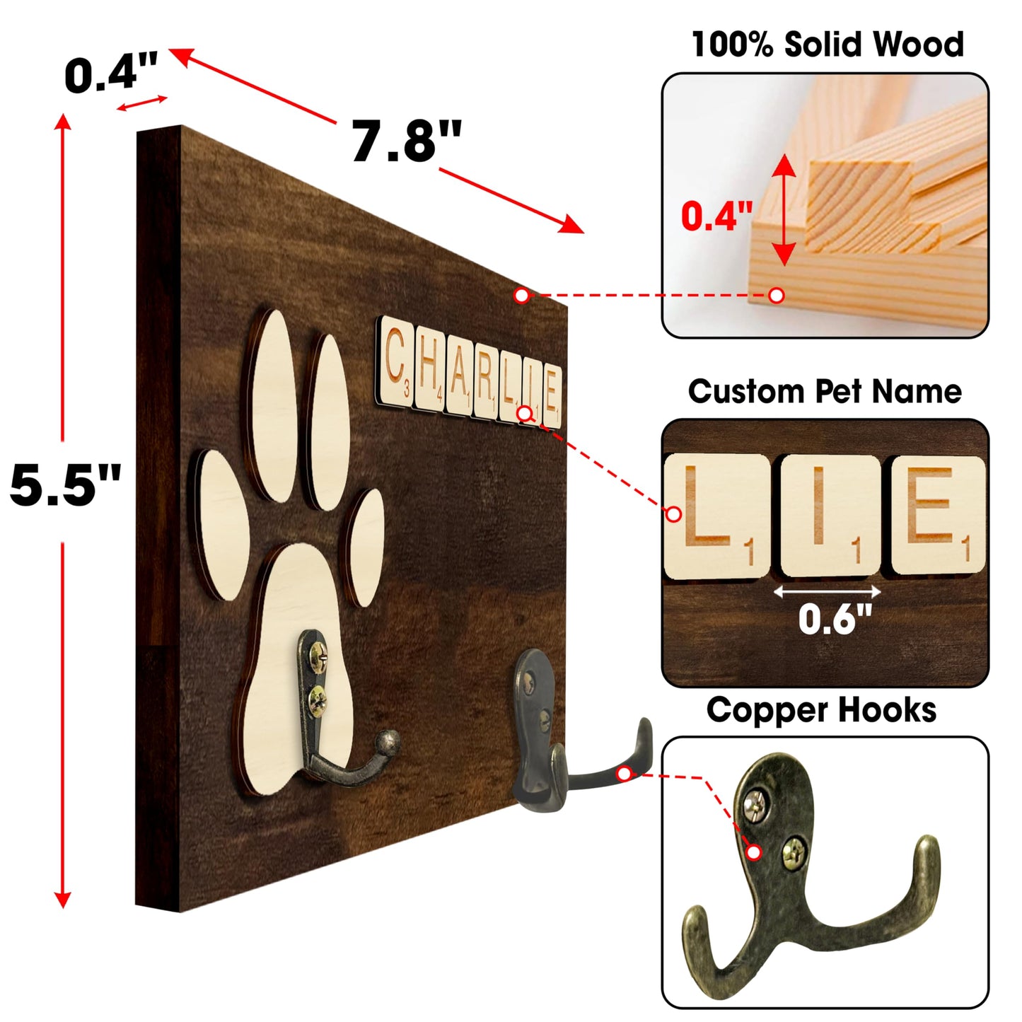 VINARTSVN 2 Pack Dog Leash Holder Wall Mount, Pet Harness Hanger with Scrabble Letters, Dog Collar Organizer for Entryway, Cat Leash Holder for Wall, Pet Loss Gifts, Keepsake, Home Decor PF218-CBW