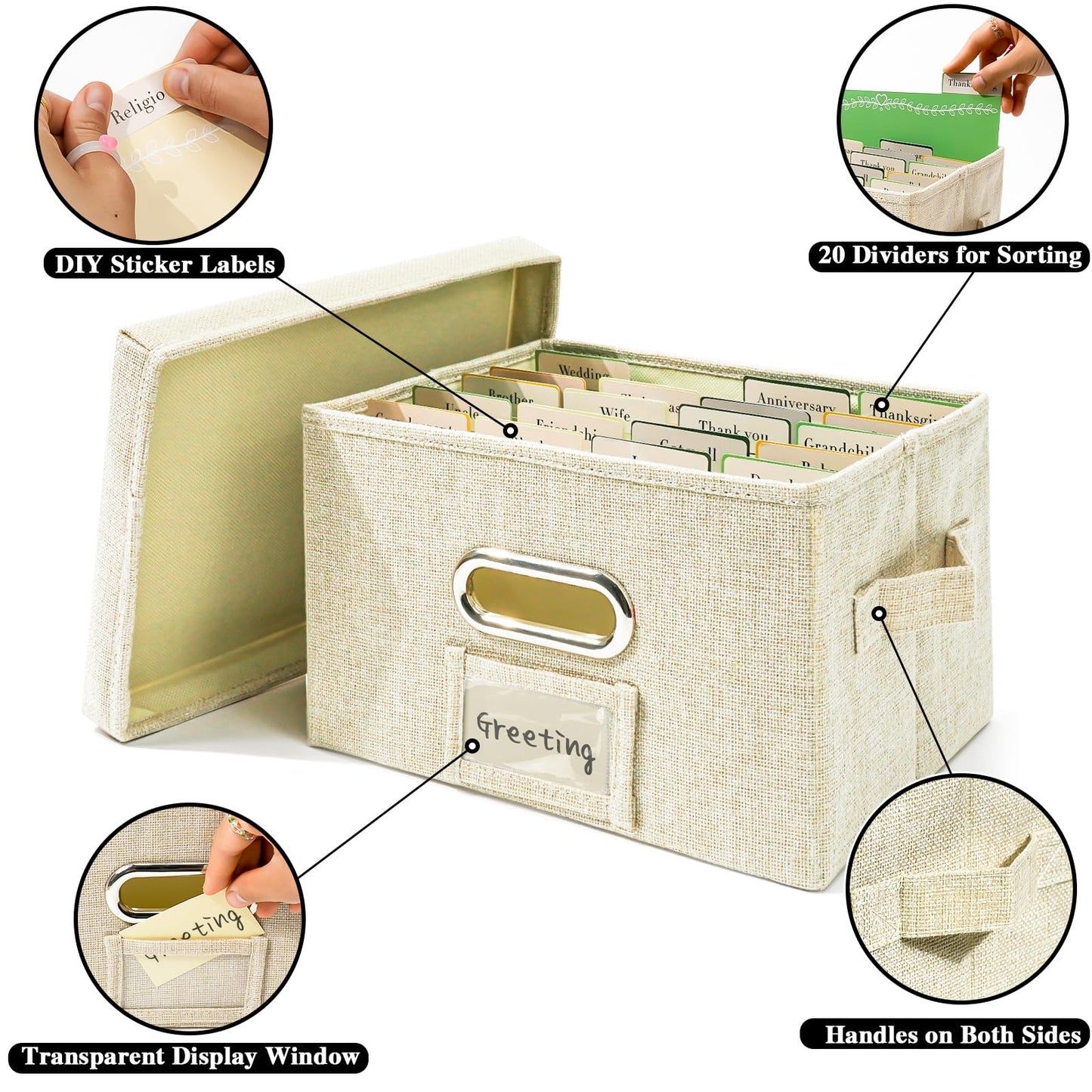 Vienrose Greeting Card Organizer 1 Pack, Storage Box with 20 Adjustable Dividers, Foldable Organizer Box Holds over 150 Cards, Storage Stickers Recipes Photos Envelopes Bills Vinyl Records, Beige