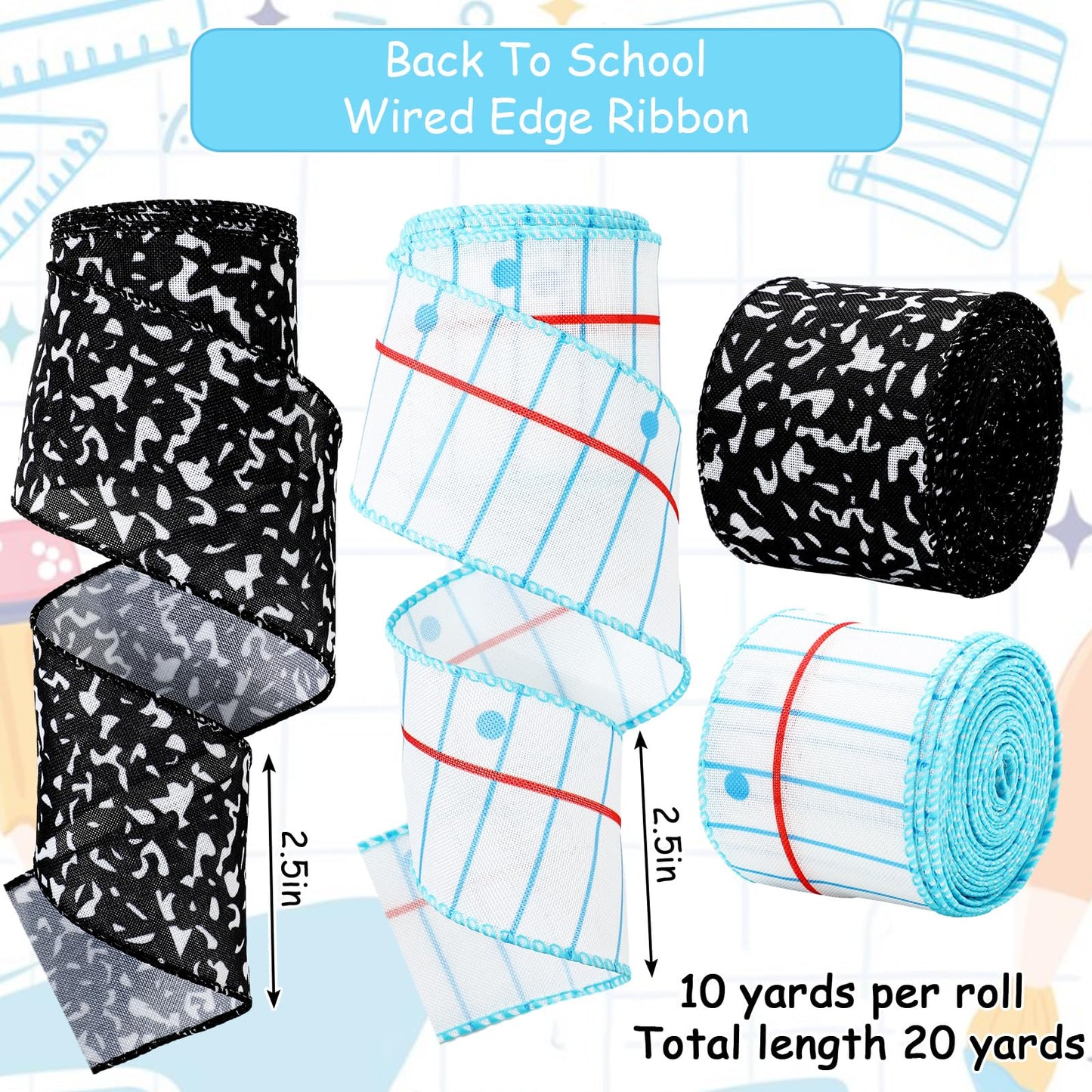 Whaline Back to School Wired Edge Ribbon 2.5 Inch Notebook Composition Fabric Wrapping Ribbon for First Day of School Classroom Party DIY Crafts Wreath Bow Making, 2 Rolls, 20 Yard