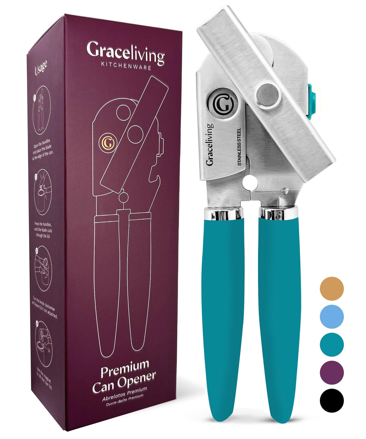 Graceliving Premium Multifunctional Magnetic Manual Can Opener and Bottle Opener, Heavy Duty Stainless Steel Sharp Cutting Blade and Oversized Easy Turn Knob, Soft-Touch Handle, Kitchen Use, Teal