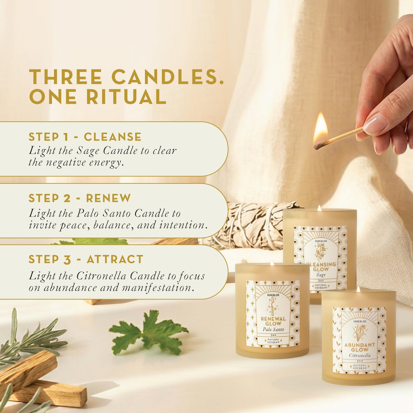 Serebliss Candle Set - 3 Pack Soy Wax Aromatherapy Scented Candles for Energy Cleansing, Manifestation, Palo Santo, Sage, Citronella, Long Lasting, Gift for Women, for her, Smudge Kit
