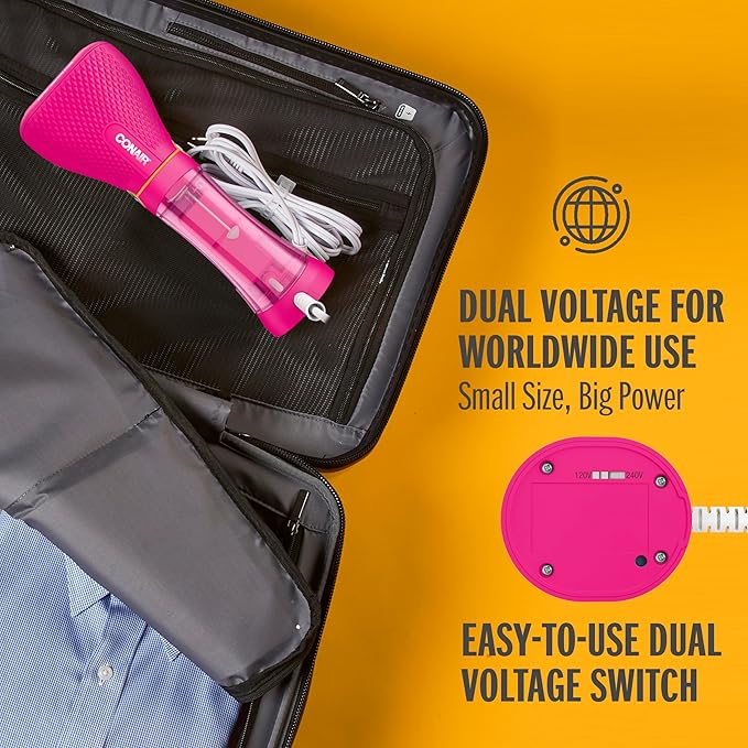 Conair Handheld Garment Steamer for Clothes - Power Steam: Small Size, Big Power - Great for Home, Office, or Travel with Dual Voltage for Worldwide Use, Pink