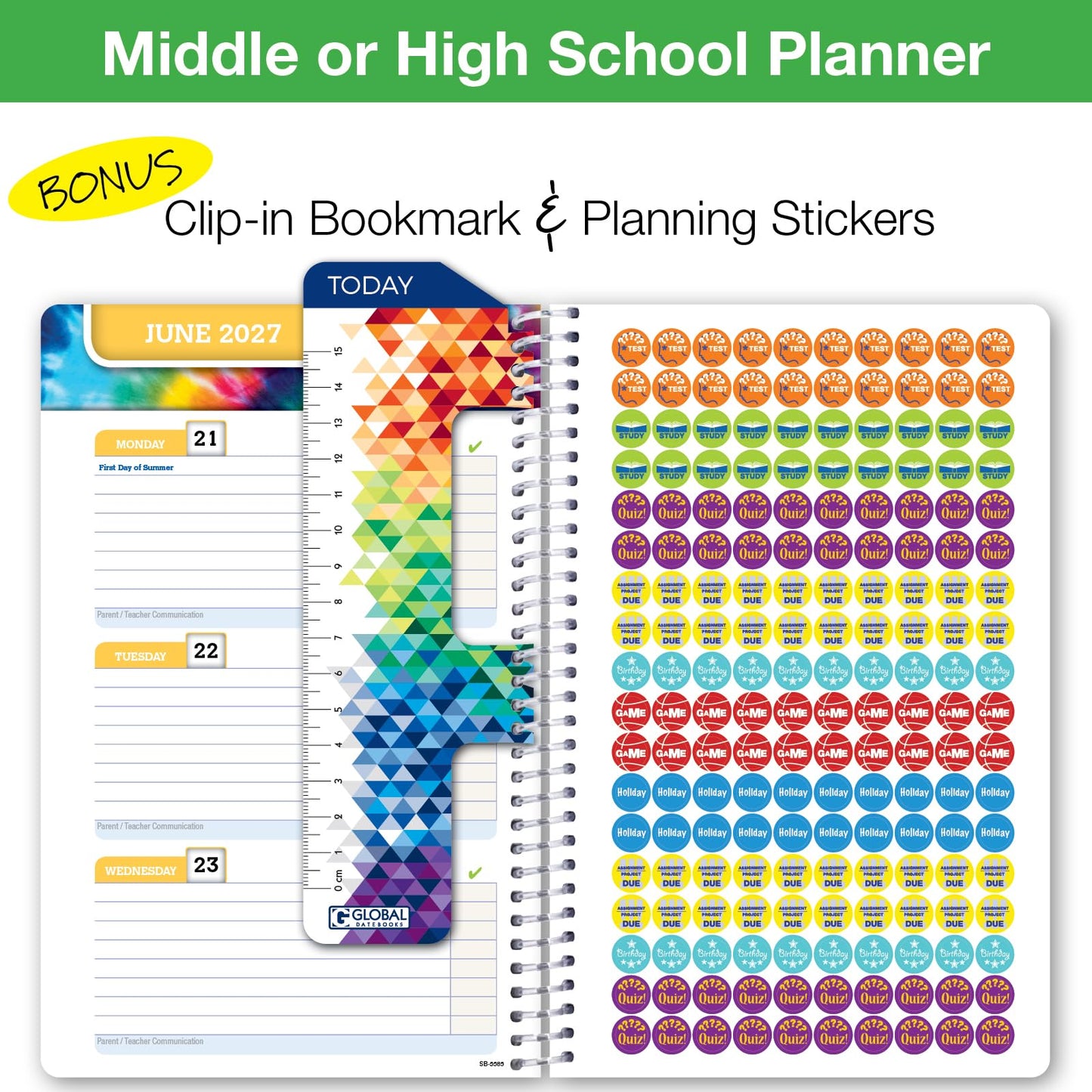 Global Datebooks 2026-2027 Middle & High School Student Planner 5.5" x 8.5" - Dated Weekly & Monthly Academic Planner with Ruler/Bookmark & Stickers, Ideal for Homework, Block Style, Blue Colors