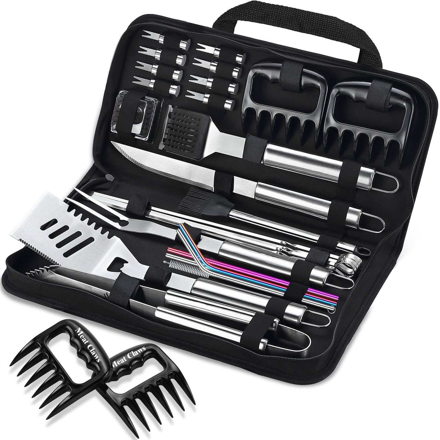 ROMANTICIST 27pcs Heavy Duty Grilling Gifts for Men Dad Fathers Day, Extra Thick BBQ Accessories Tools Set, Stainless Steel Grill Utensils Kit with Meat Claws, Canvas Bag for Outdoor Camping Silver