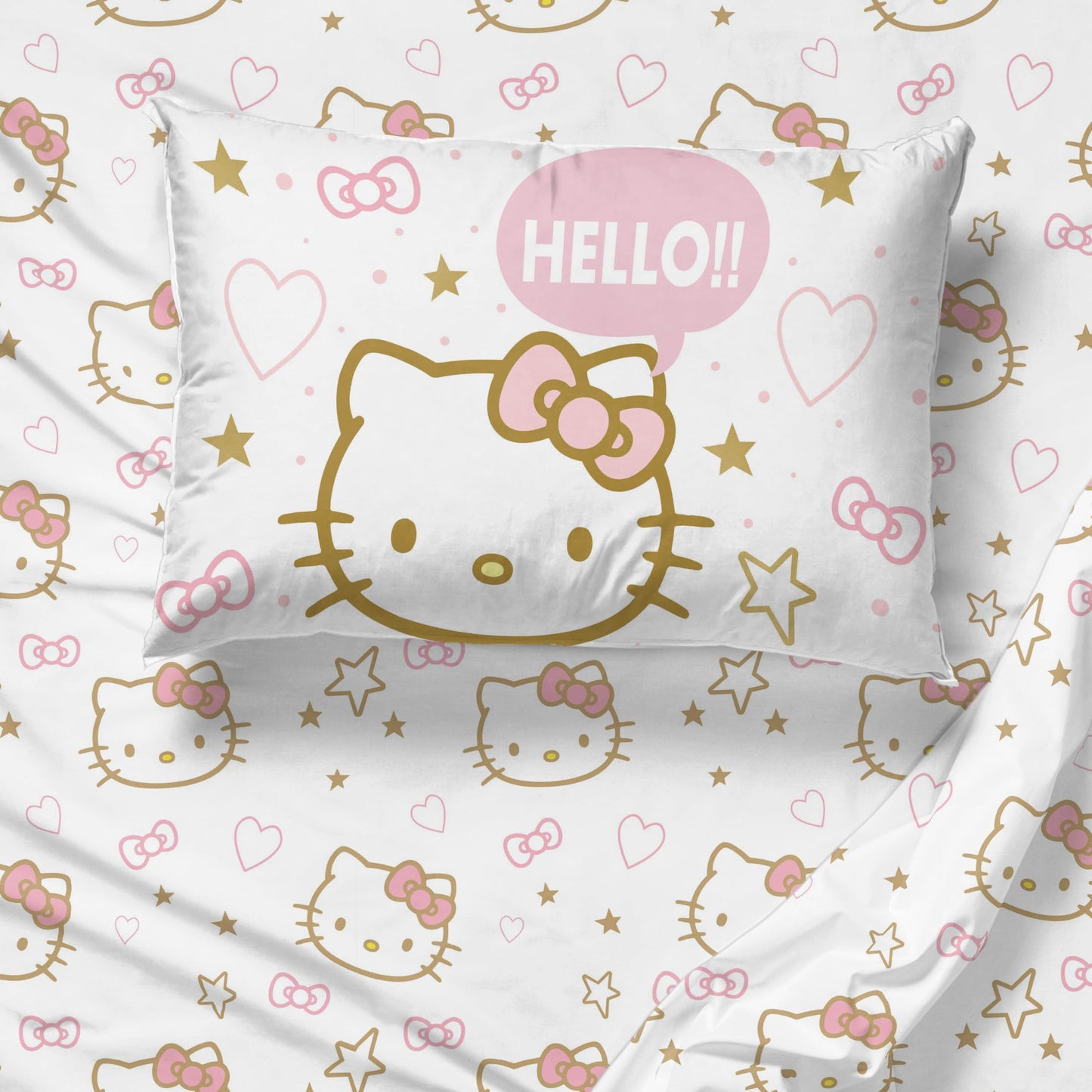 Jay Franco Sheet Set with Fitted, Flat Sheets & Pillow Cover - Ultra-Soft Bedding with Pillowcase for Room Decor, Pink - Hello Kitty, 4 Piece Queen