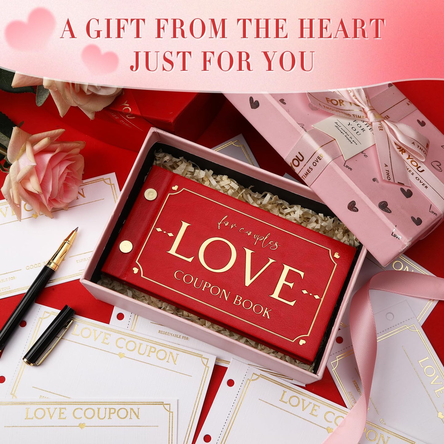 JULEASEL Love Coupons for Him – 30 Blank Personalized Coupons | Romantic Valentines Gifts for Him, Thoughtful Valentines Day Gifts for Husband, Cute Vday Gift for Boyfriend (Ruby Red)
