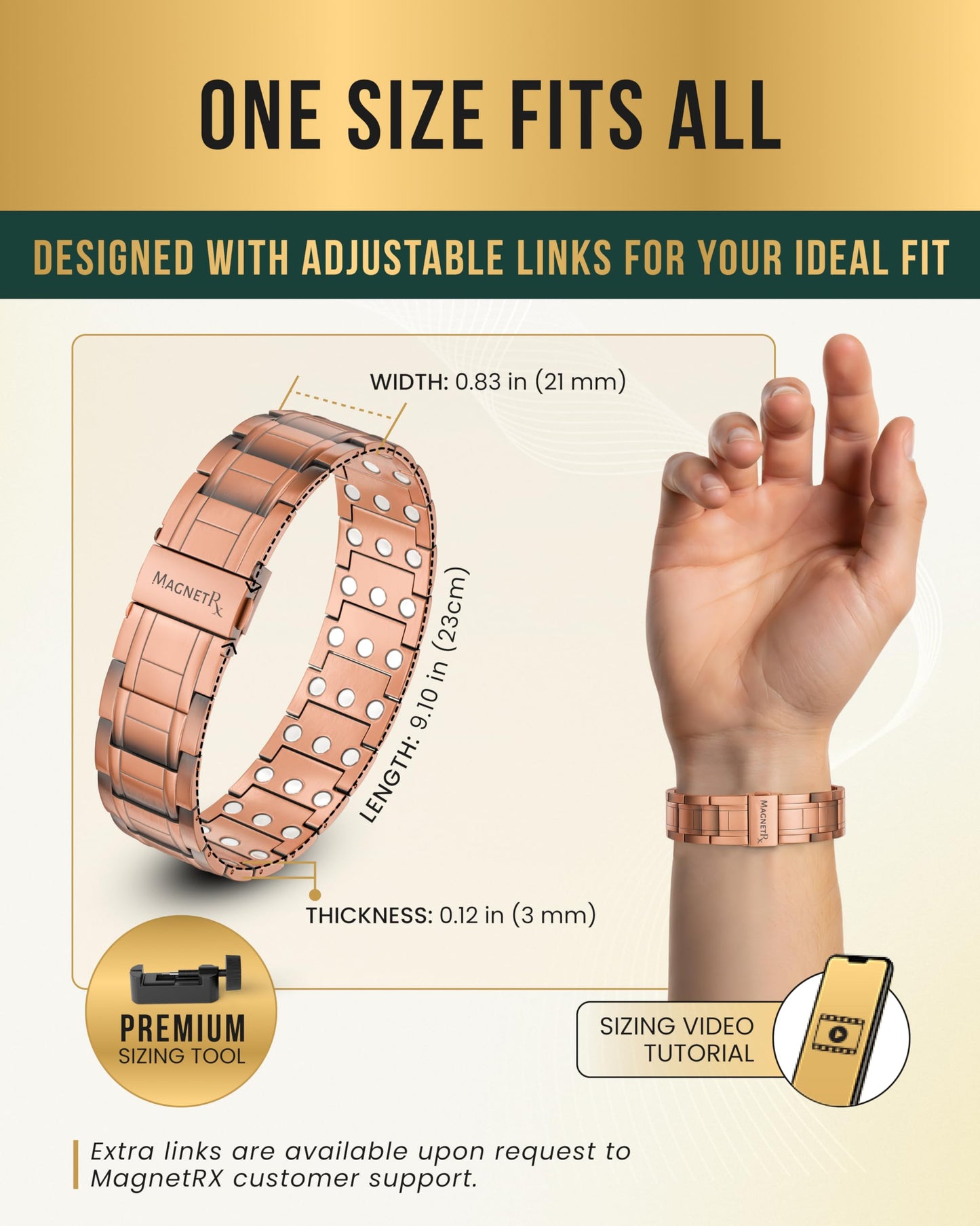 MagnetRX® 3X Strength Copper Bracelet – 99.9% Pure Copper Bracelets for Men with Magnets – Premium Fold–Over Clasp and Adjustable Length with Included Sizing Tool (Stealth)