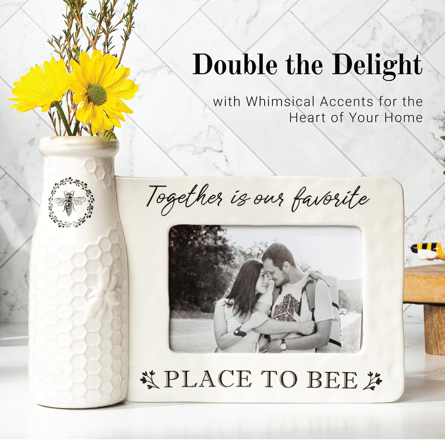 youngs Inc Ceramic Bee Vase w/Photo Frame, White, Black, 11.25" Length x 3.00" Width x 8.00" Height