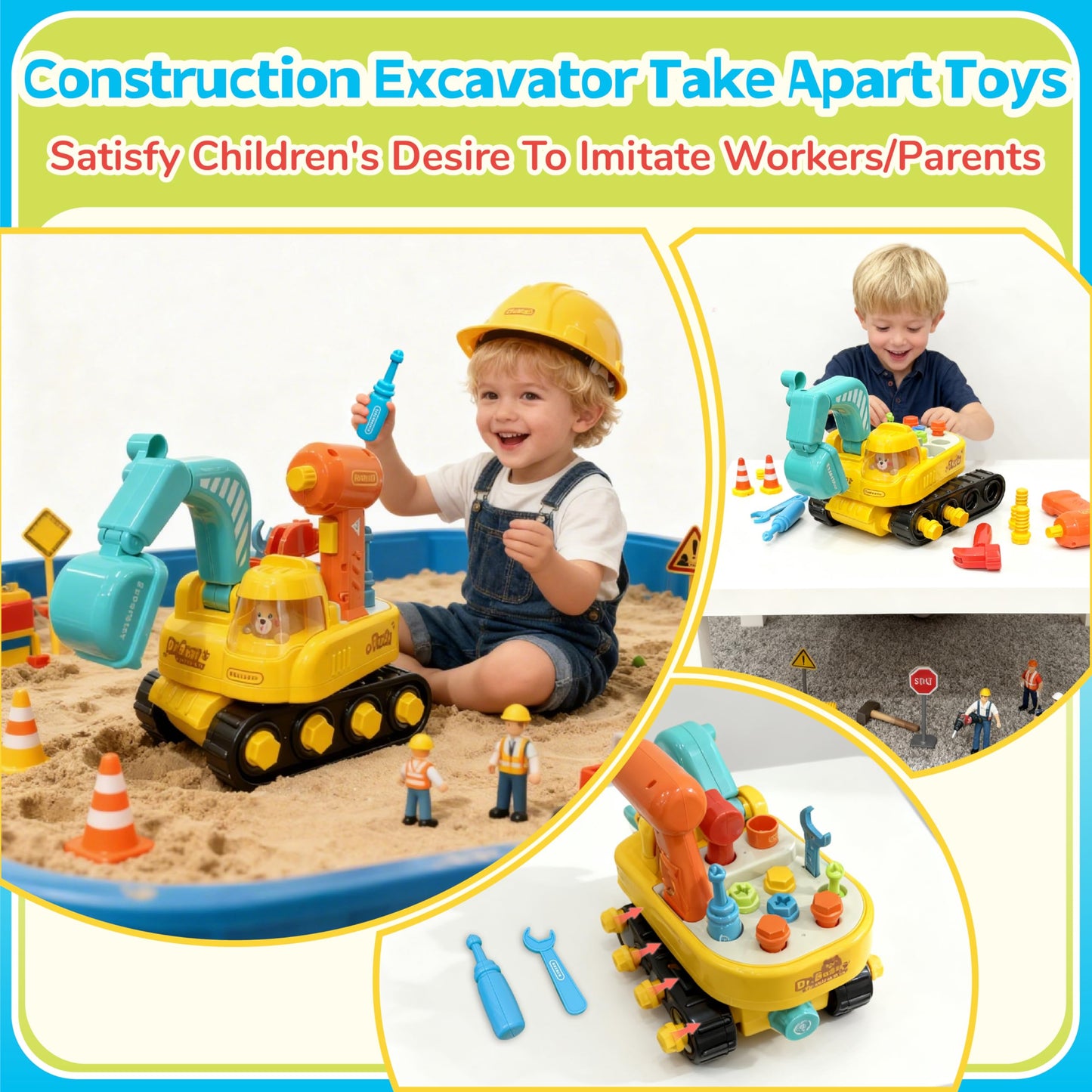 Lechonix Toddler Tool Set—Excavator Take Apart Toys with Electric Drill & Screwdriver & Wrench, Montessori STEM Learning Pretend Construction Toy for 1-6 Years Old Kids Birthday Gift, Musical & Light