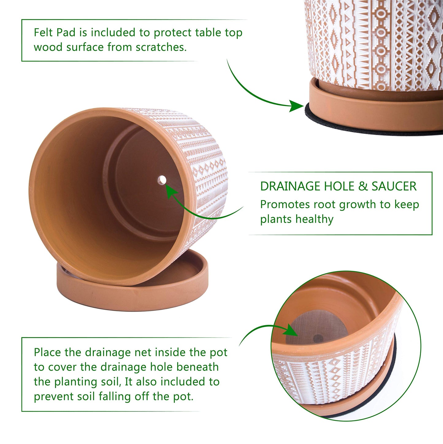 D'vine Dev Set of 2 Terracotta Pots, 6.5 Inch & 8.2 Inch, Planter Pots for Plants with Drainage Holes and Saucers, Terracotta/White, Medium, 34-958-A-1