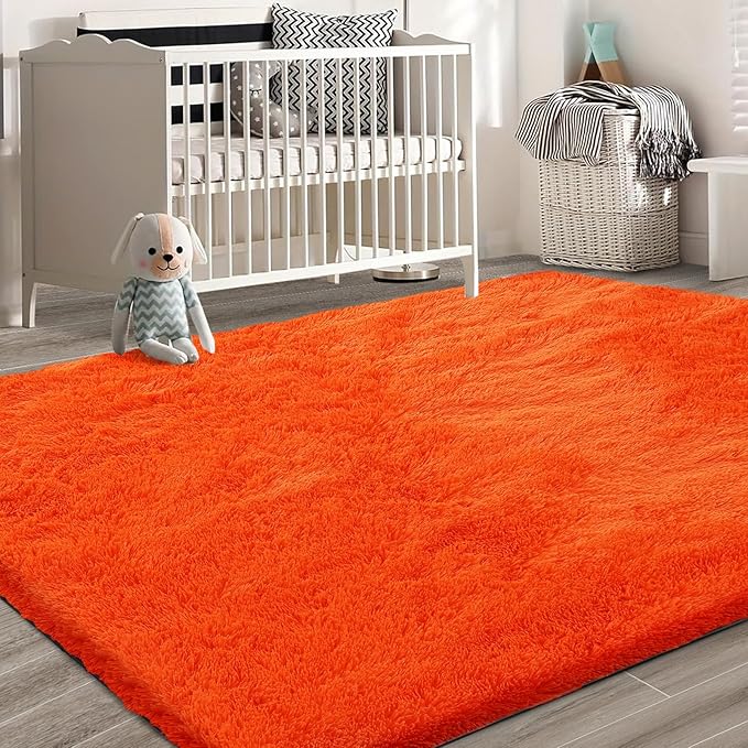 Orange Shag Area Rugs for Bedroom Living Room,8X10 Ultra Soft Fluffy Area Rugs for Dorm,Indoor Carpet Nursery Rugs for Kids Girls Room Home Halloween Decor