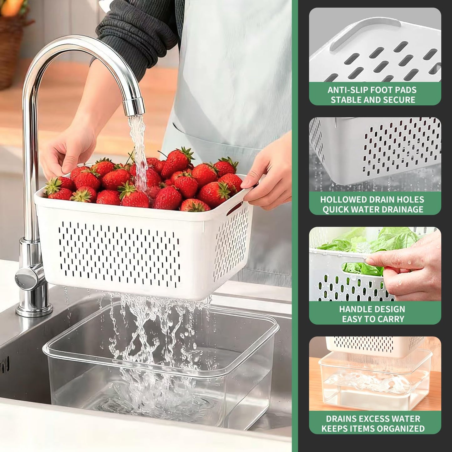 3 Pcs Fruit Containers for Fridge, Strawberry Storage Containers for Fridge, Food Storage Container with Airtight Lid, Removable Colander Basket for Rinsing and Draining, Keep Produce Fresh Longer