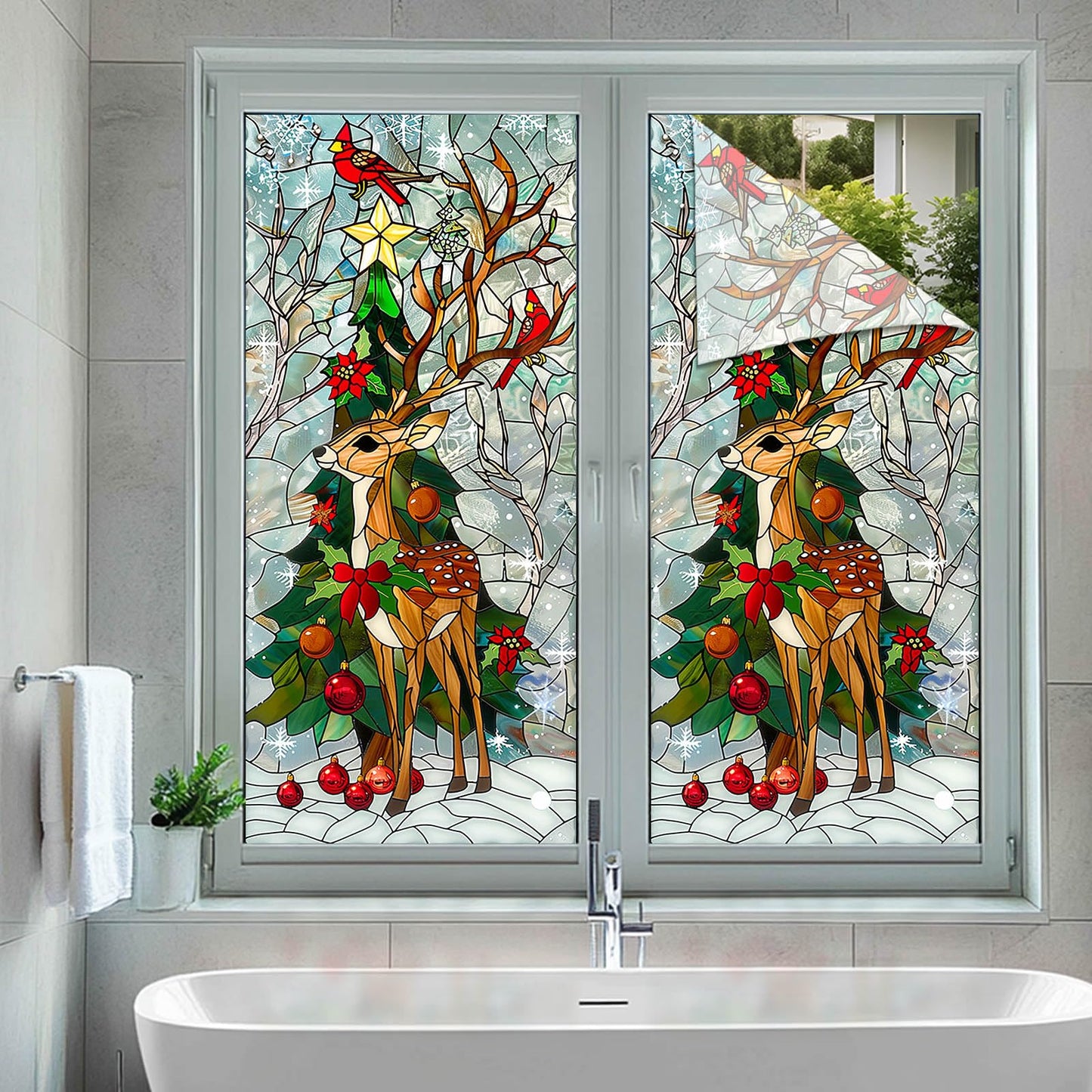 HOMETITUTE Reindeer Stained Glass Decorative Privacy Film Christmas Tree Window Cling Holiday Seasonal Window Sticker for Living Room Bedroom Kitchen 17.7 x 39.3 Inch