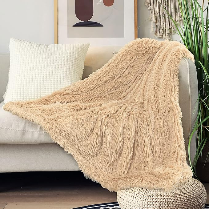 Tuddrom Decorative Extra Soft Faux Fur Throw Blanket 50"x60",Solid Reversible Fuzzy Lightweight Long Hair Shaggy Blanket,Fluffy Cozy Plush Fleece Comfy Microfiber Blanket for Couch Sofa Bed,Apricot