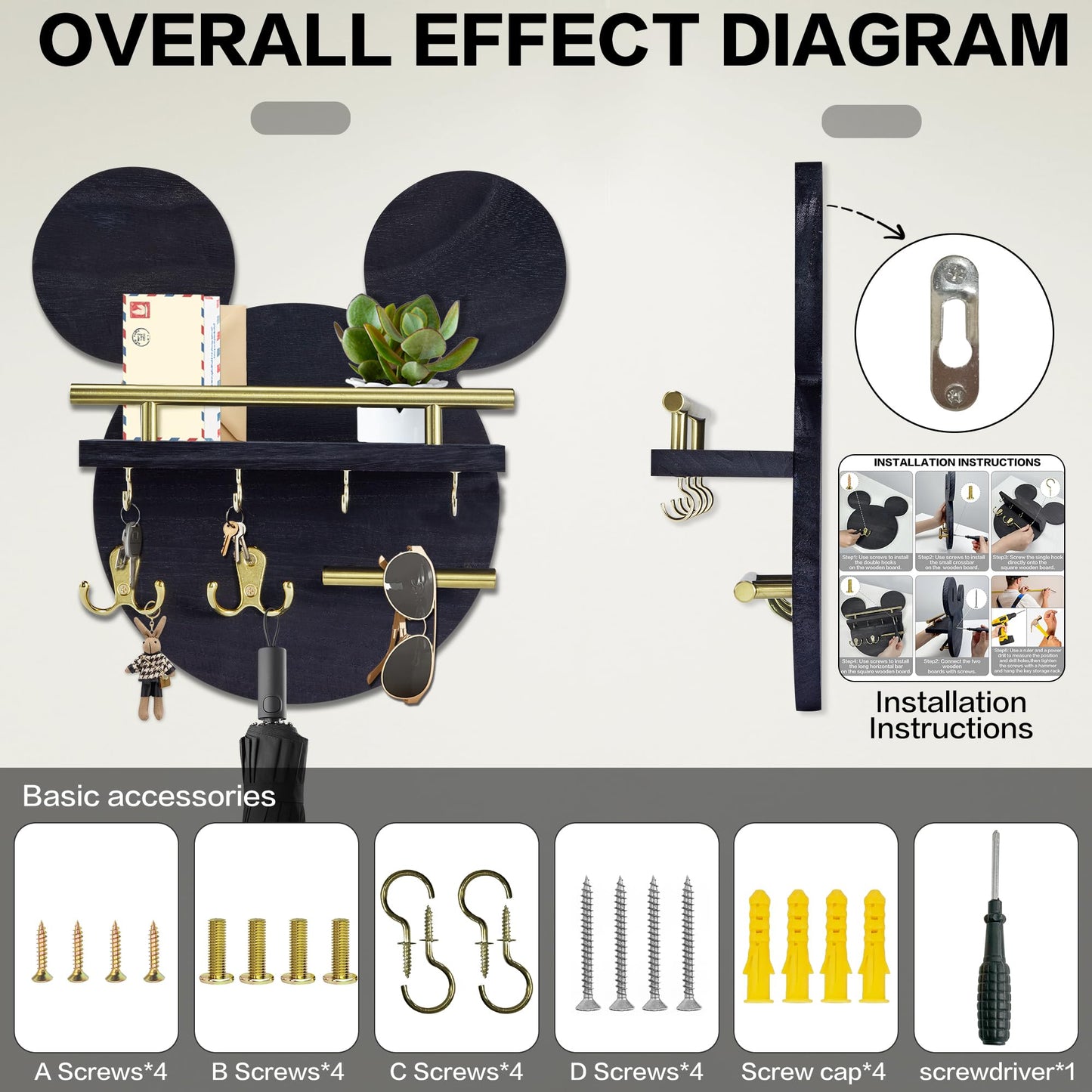 AIRPOP Key Holder for Wall–Mouse Wooden Mail Organizer Wall Mount with Shelf and 6 Hooks, Easy Installation Key Rack Hanger for Entryway Living Room Home Decor (Black)