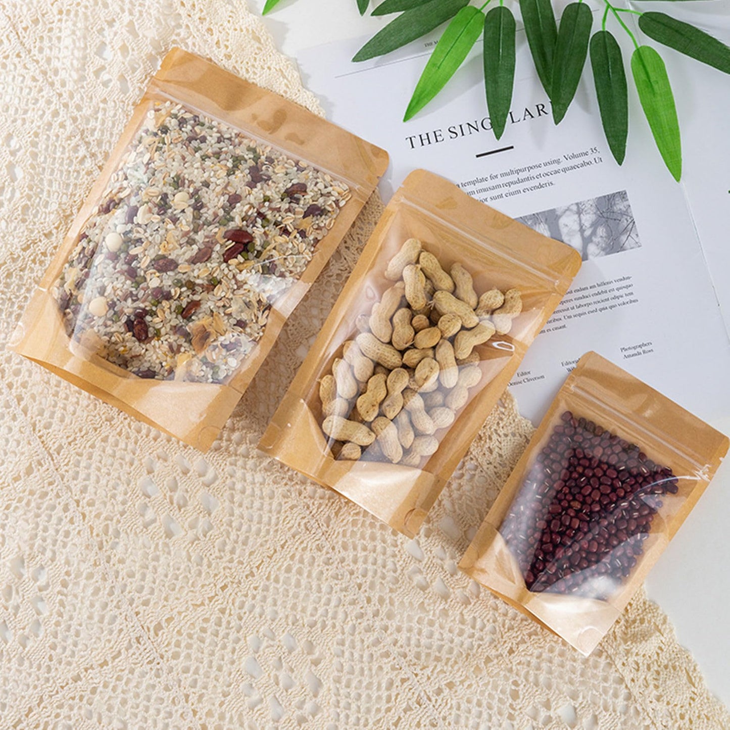 100 Pack Kraft Resealable Bags with Clear Front Stand Up Brown Kraft Bags with Window Transparent Bulk Pouches Ziplock Paper Bags 3.5"x5.5"