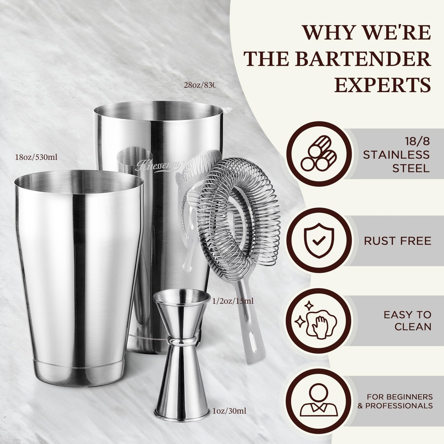 KITESSENSU Boston Cocktail Shaker Set, 8-Piece Professional Bartender Kit with Stainless Steel Martini Drink Mixer, Hawthorne Strainers, Double Jiggers, Dishwasher Safe Bar Tools for Home Bars & Gifts