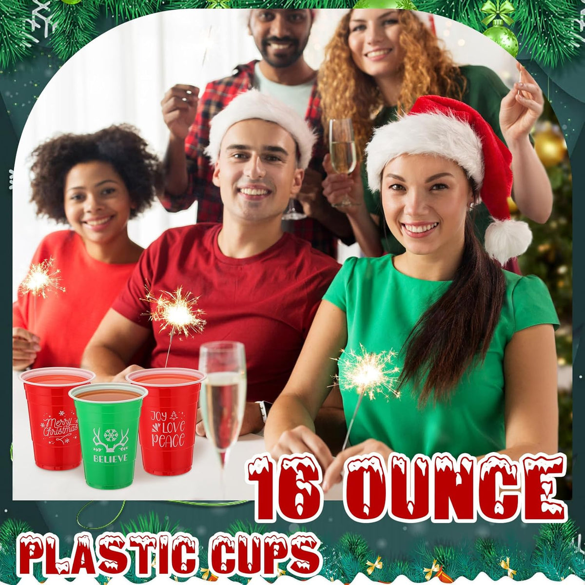 Sliner 120 Pcs 16 oz Christmas Plastic Disposable Cups Bulk Snowflake Elk Star Christmas Tree Drinking Cups for Xmas Birthday Party Supplies (Red,Green)