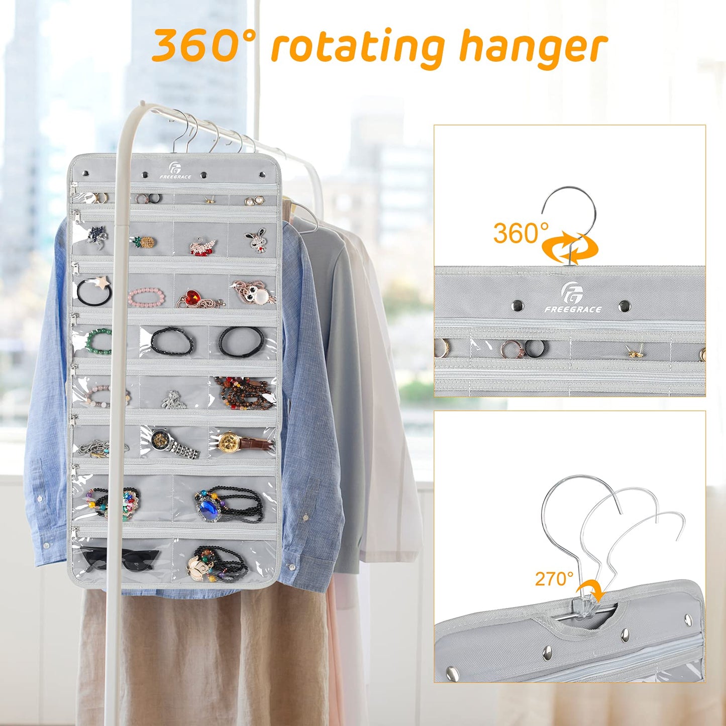 Freegrace Hanging Jewelry Organizer with Secure Zipper Closure - 360° Revolving Hanger, 25 Clear Pockets, 23 Necklace Hooks - Foldable Travel Storage & Closet Display (Gray)