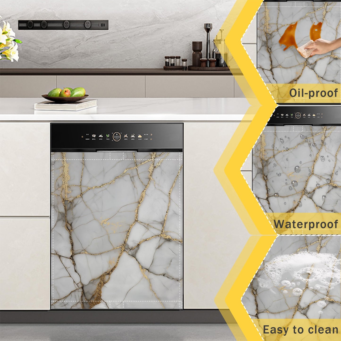 Texture Marble Dishwasher Magnet Cover,Gold White Kitchen Decor Waterproof Refrigerator Magnet Sticker Appliance Cover Protector,23Wx26H Inches