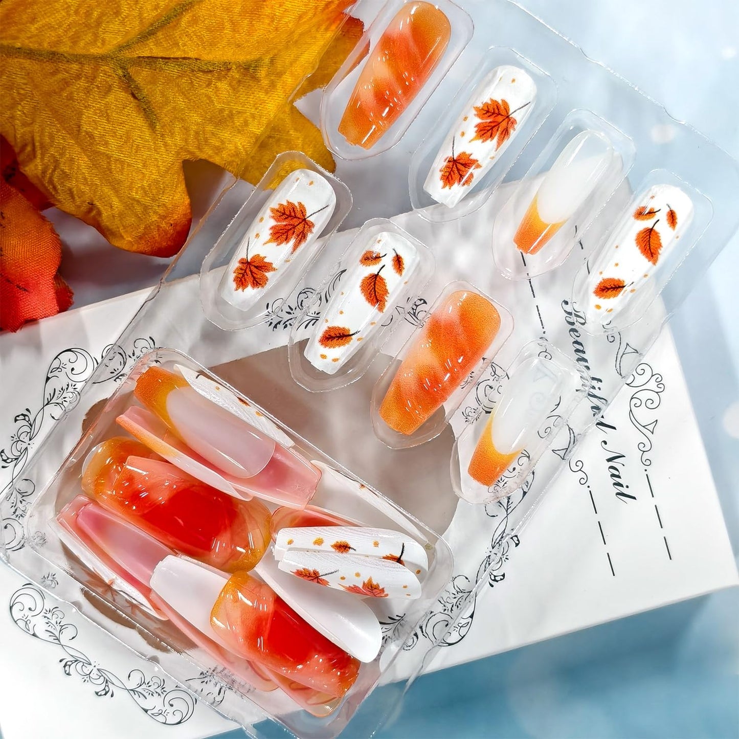 CJDLTS 30Pcs Fall Press on Nails Medium Ballet Artificial Acrylic Fake Nails French Orange Tip Maple Leaf Stick on Nail Full Cover Autumn Thanksgiving False Nail Artificial Fingernails for Women