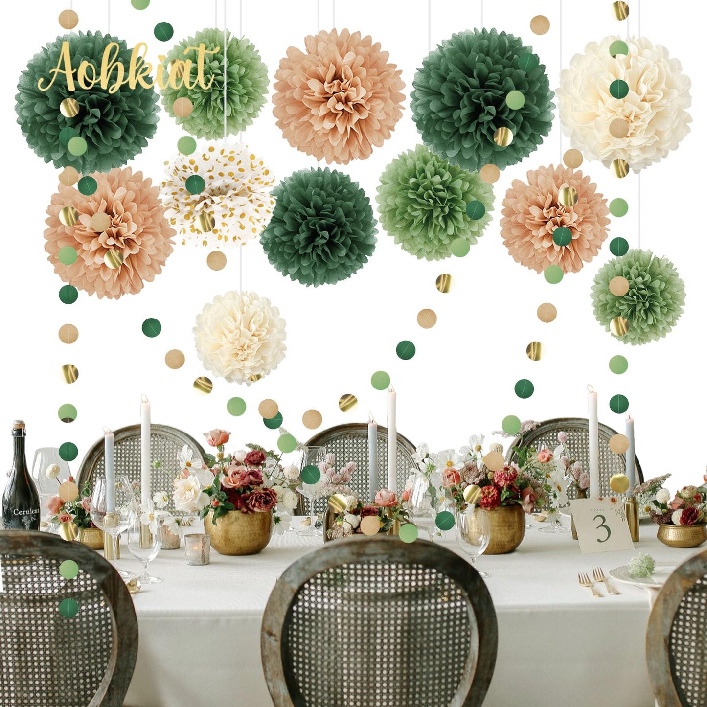 AOBKIAT Wedding Party Decorations Set,15PCS Green Tissue Paper Pom Poms,Dots Paper Garland String Hanging Backdrop for Engagement,Green Boho Wedding,Baby Shower