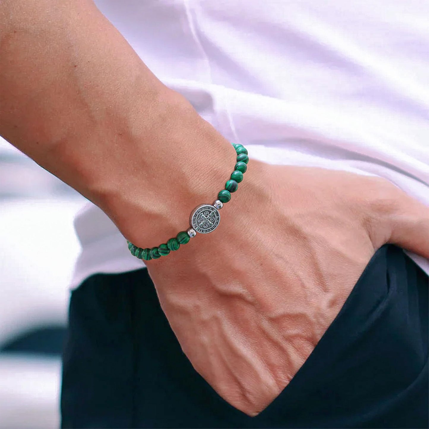 Lameybrt Evil Eye Bracelet 4 mm Natural Stretch Adjustable Beaded Bracelets for Men (C08 Malachite, One Size)