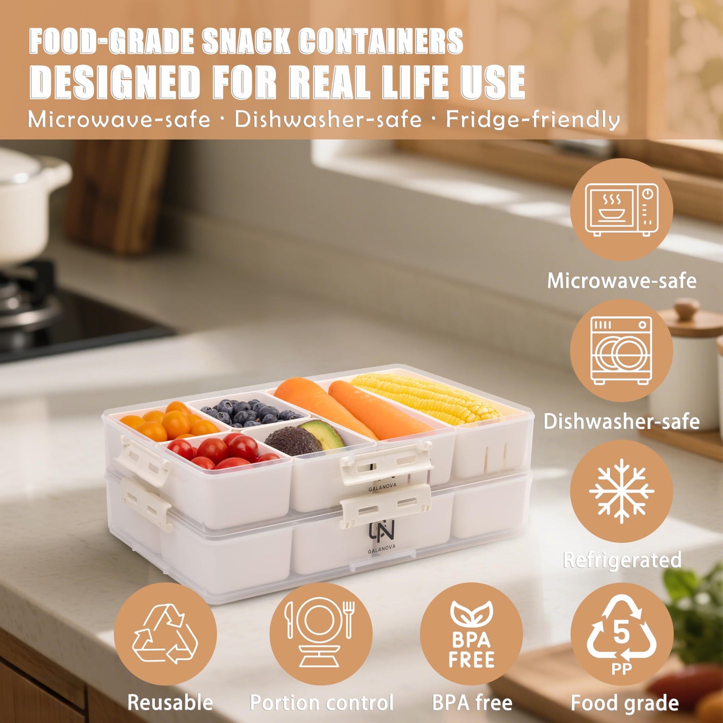 Stackable Snackle Box Container with 2 Lids, 14 Compartments - BPA-Free Snackle box Organizer, Dishwasher & Microwave Safe Reusable Snacklebox for Veggies, Fruits, Charcuterie, Snacks (White, 2 Pack)