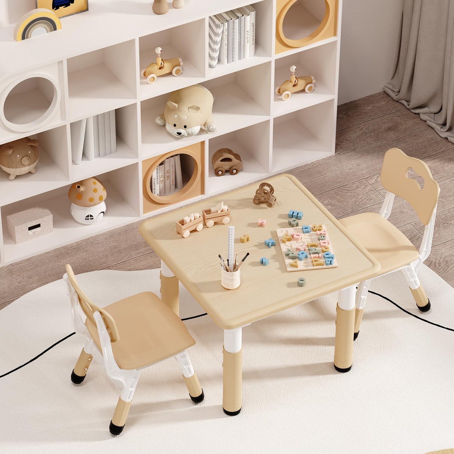 HLPB Kids Table and 2 Chairs Set, Adjustable Height, Graffiti Desktop, Non-Slip Legs, 23.6''L x 23.6''W Toddler Multi-Activity Table for Ages 2-8, Max 300lbs, for Daycare, Classroom, Home