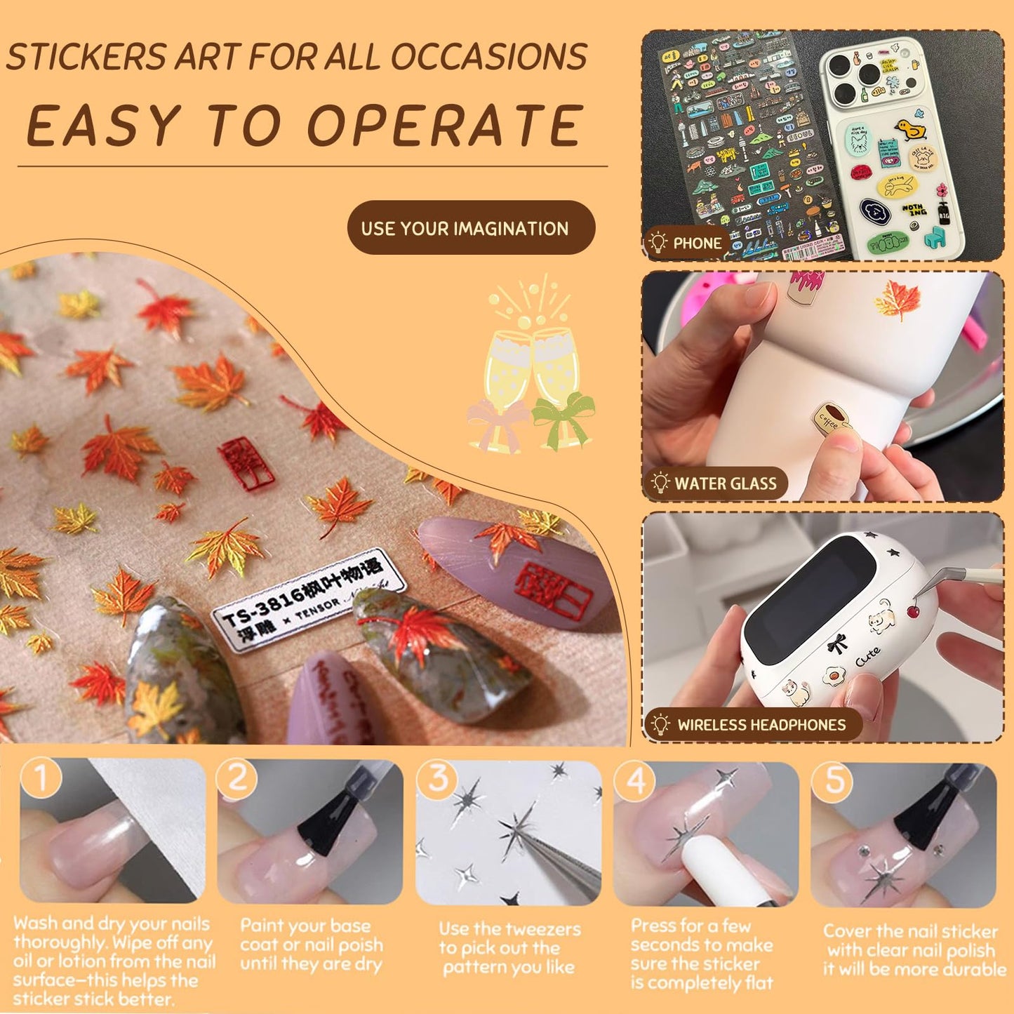 12 Sheets Bronzing Silver Nail Art Stickers, 3D Self-Adhesive Sun Moon Stars Designs Nail Sticker Acrylic Manicure Decals Decorations Accessory for Women Girls