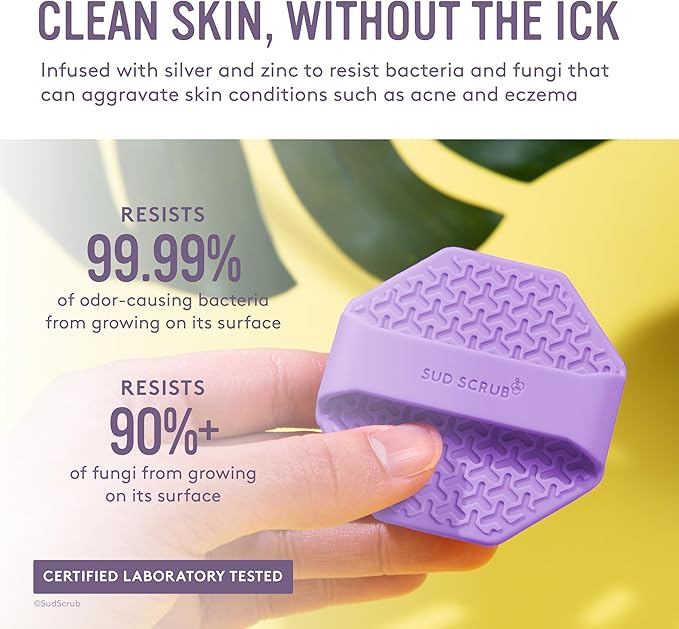 Sud Scrub® Antimicrobial Silicone Face Scrubber, 1 Pack, Gentle Face Exfoliator for Sensitive Skin, Eco Friendly Facial Cleansing Brush, Exfoliating Face Brush for Men and Women (Purple)