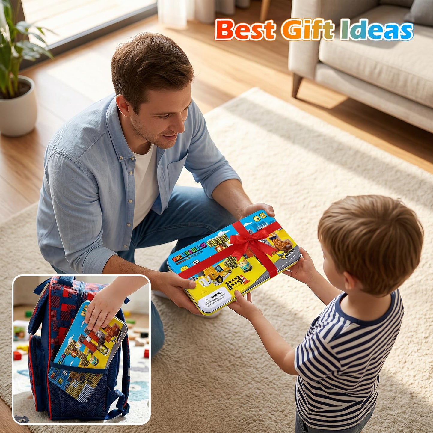 Tyholoo 45PCS Magnetic Blocks Travel Toys for Kids with Portable Iron Box, Mini Magnetic Cubes Outdoor Toys for Airplane & Car Ride STEM Learning Gift Idea for Ages 3+ Gift（ Construction Theme）