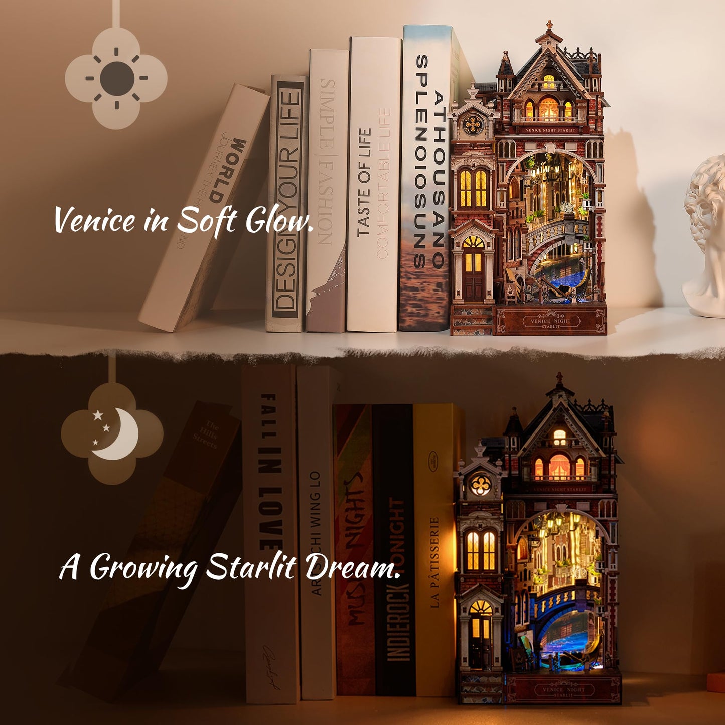 FUNPOLA Venice Night Starlit Book Nook Kit – LED 3D Wood Puzzle with Infinity Mirror – DIY Bookshelf Decor, Miniature Craft Gift for Kids and Adults