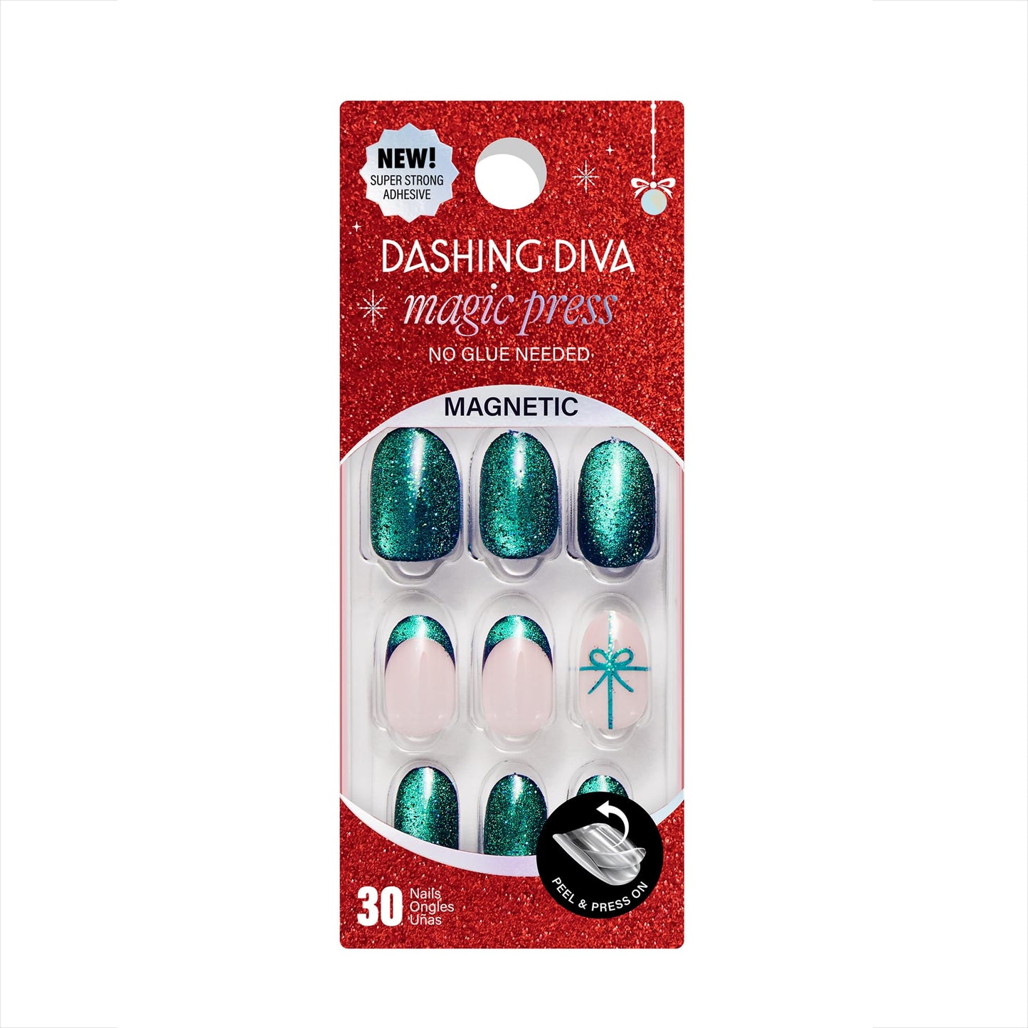 Dashing Diva Magic Press Magnetic Nail Set - Bow Down - Medium Almond Press Ons - Long Lasting Gel - Lasts Up to 10 Days - Gel Set - 4-Piece Manicure Kit with 30 Nails