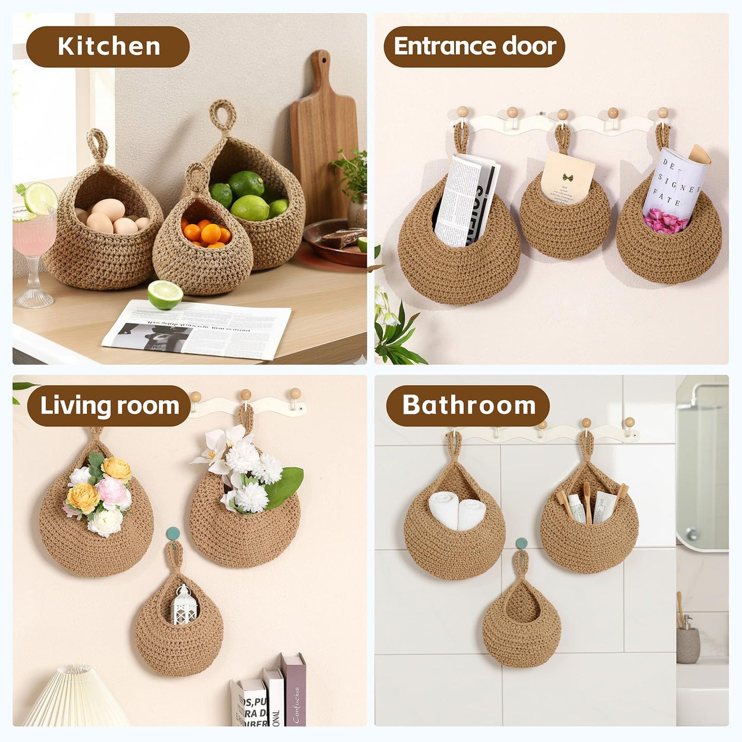 Hanging Storage Baskets Boho Decor Set of 3, Handmade Cotton Rope Wall-Mounted Fruit & Vegetable Baskets, Decorative Hanging Organizers for Kitchen, Entryway, Bathroom & Bedroom